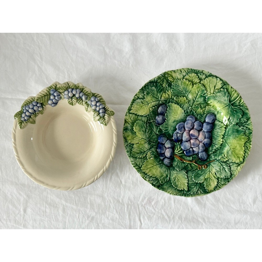 Embossed Grapes Leaves by Neiman Marcus Set of Plate & Bowl Hand Painted ITALY